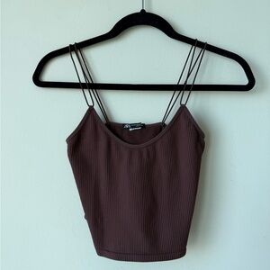 Zara Chocolate Brown Ribbed Double-Strap Cropped Camisole